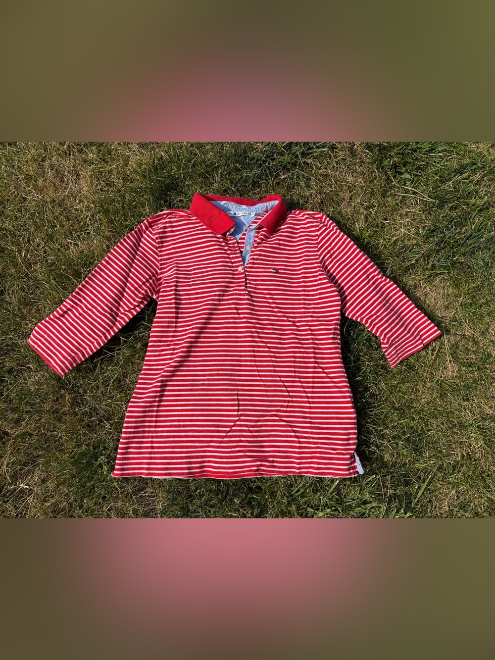 90s Tommy Hilfiger Red & White Striped Polo Long Sleeve Size M